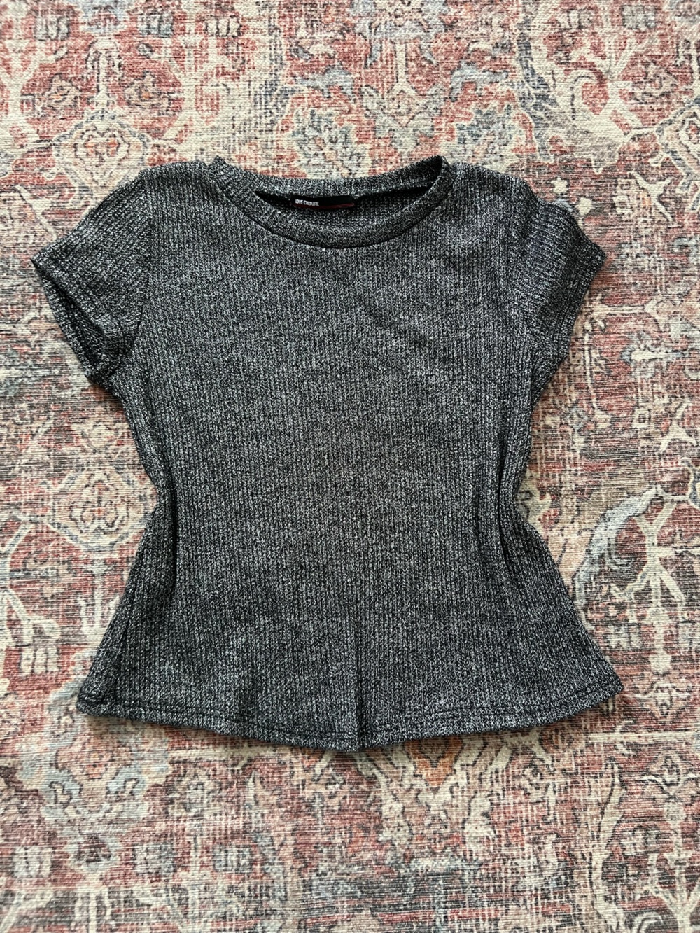Metallic Knit Short-Sleeve Top - Silver/Black